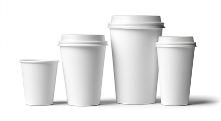 Four white disposable paper cups of varying sizes, each with a lid, isolated