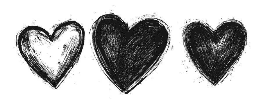 Rough hand drawn black hearts collection, textured scribble love symbols isolated on transparent background