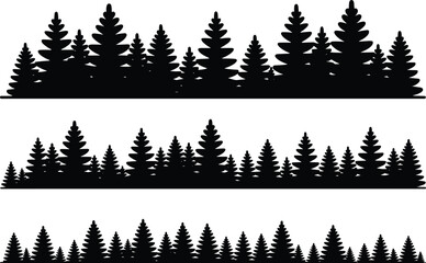 Obraz premium Pine forest silhouette vector set with evergreen tree borders, nature landscapes, and wilderness outdoor woodland background element