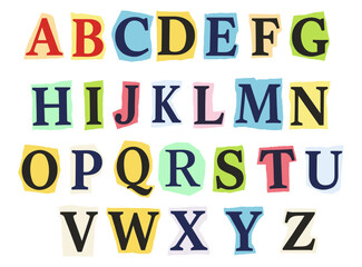 Colorful paper cutout alphabet set, playful uppercase ABC letters isolated on transparent background