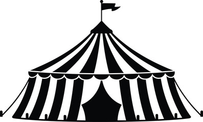 Classic circus tent silhouette featuring striped big top with flag for carnival fun and amusement park events isolated on white background © Atik