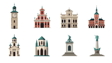 Obraz premium set of eight hand drawn historic european buildings landmarks and monuments illustrations