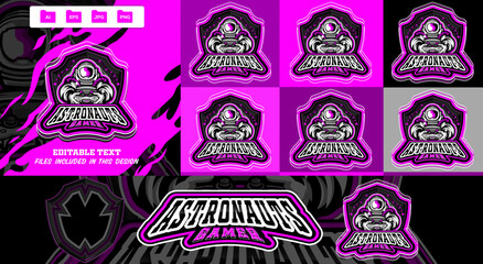 Modern astronauts gamer e-sports sports mascot with shield emblem logo. Space in helmet in controller, editable vector illustration, Premium quality. © Graphic Design