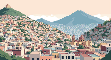 colorful hillside town with church and mountains in flat style cityscape illustration