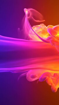 Dynamic abstract fluid simulation with vibrant purple and orange smoke colliding, perfect for modern backgrounds or social media stories. Vertical. Video. Portrait Orientation.