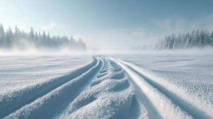 Detailed Snowmobile Tracks on Fresh Snow in a Serene Winter Landscape with Trees in the Background