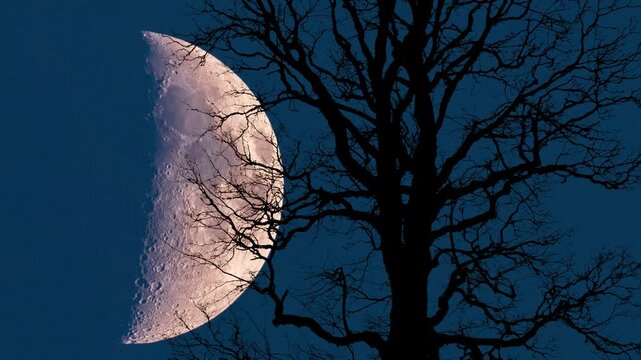 Zeitraffer vom Mond am Abendhimmel hinter einem Baum - FOTOMONTAGE