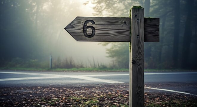 Rustic wooden signpost pointing to unknown destination on foggy road