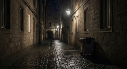 Fototapeta premium Mysterious cobblestone alleyway at night with street lamps