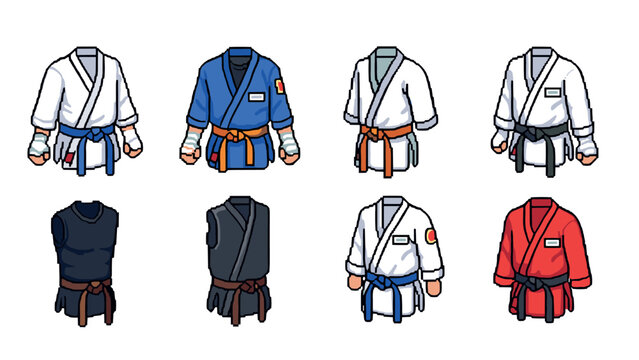 set of martial arts uniforms and gis in hand drawn style for judo karate and sambo training