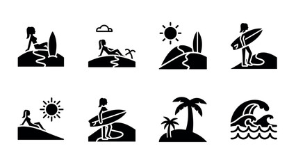 Obraz premium set of black silhouette beach and surfing icons with palm trees waves and sun in simple flat style