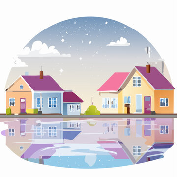 Vibrant Evening Reflections of Charming Houses in a Tranquil Riverside Community
