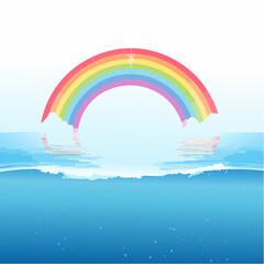 Fototapeta premium A beautiful rainbow arc over calm ocean waves with a reflection on a clear sky