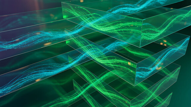 Green glass transparent layers with glowing neon light waves passing through representing multi layered data processing architecture holographic storage systems and advanced fiber optic technology