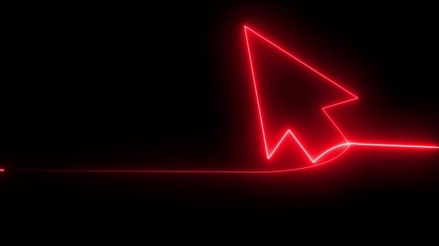 Neon line mouse cursor arrow on black background. Animated continuous one line drawing of a cursor arrow. Cursor. Mouse, pointer, click, button, website, user. Computer
