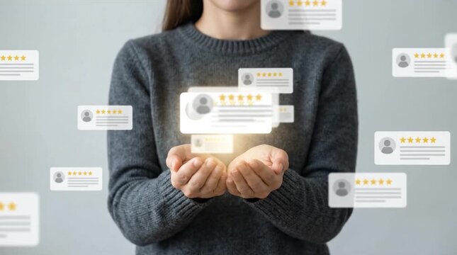 Hands holding glowing online customer reviews and 5-star ratings, representing digital feedback, satisfaction, and reputation.