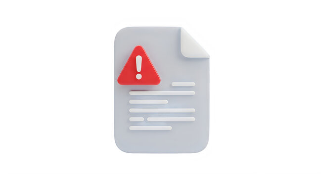 Warning document icon with red alert symbol isolated on transparent background
