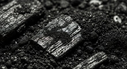 Monochrome textural close-up with structured charcoal fragments pieces