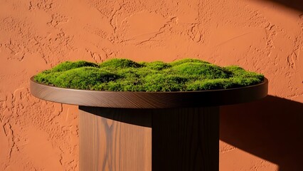 Mossy centerpiece on modern wooden pedestal against textured terracotta wall