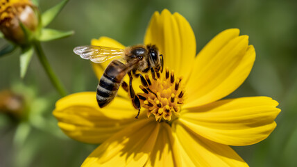 A close-up macro photograph of a honey bee collecting nectar from a bright yellow cosmos flower.