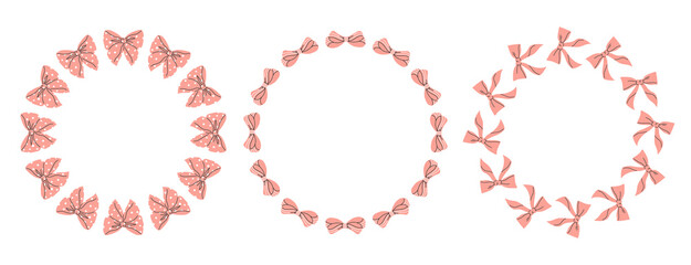 Set of round frames made of pink satin bows. Bow frame design. Decorative cute template.