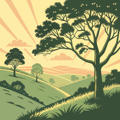 Fototapeta premium Vintage illustration of a serene rural landscape with rolling green hills, large trees, and sun rays breaking through the sky, evoking peace and natural beauty.