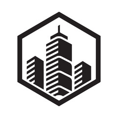 Obraz premium City skyline illustration contained within a black hexagonal frame