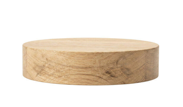 Round thick wooden cylinder podium isolated. Product display stand mockup.