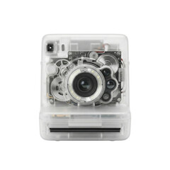 Translucent instant camera with visible gears isolated. Retro photography equipment mockup.