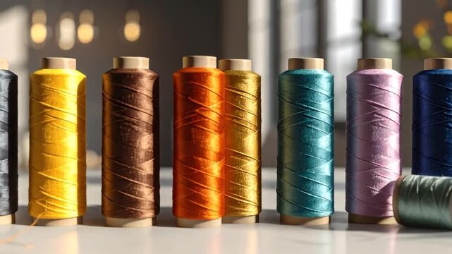 Colorful spools of thread arranged in a row on a bright, reflective surface, perfect for sewing and crafting.