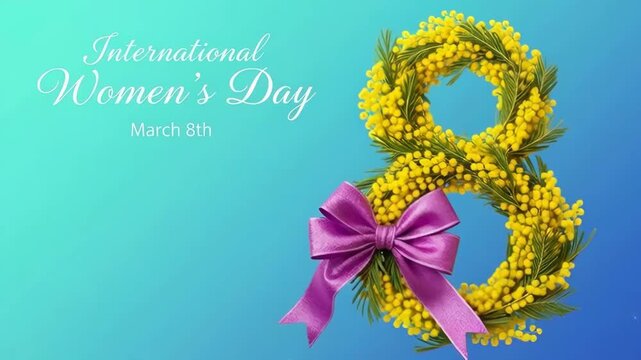 International women's day greeting with mimosa wreath and purple bow celebrating spring on turquoise gradient background, festive floral decoration and empowerment design for march 8th