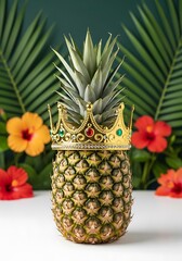 Regal Pineapple Still Life with Tropical Flair and Jeweled Crown Adornment