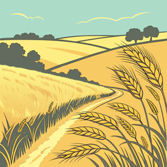 Golden Wheat Field Landscape with Winding Path on Rolling Hills, Retro Farm Harvest Scenery Illustration © Tiya