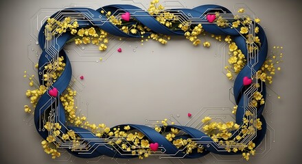 Romantic tech frame featuring yellow blossoms and circuit pattern on a blue ribbon