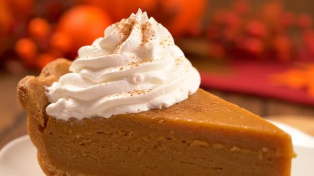 An autumn dessert slice of pumpkin pie is garnished with whipped topping