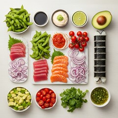 Sashimi Platter Arrangement, Edamame, Tuna, Salmon, Avocado and Sushi Rolls