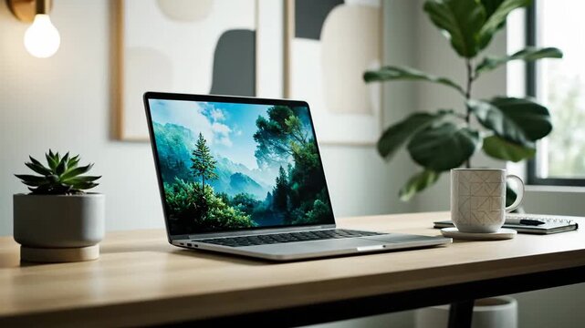 Laptop on a wooden desk in a modern home office setup