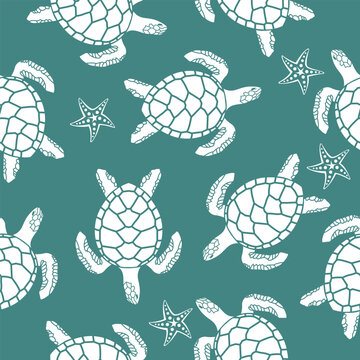 seamless pattern with sea turtles on blue background