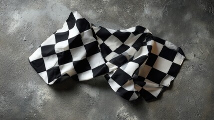 Naklejka premium Checkered flag sits on a gray surface, seen from above. Room for words.