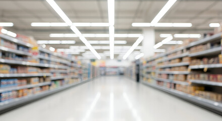 A blurry image of a supermarket aisle with shelves on both sides