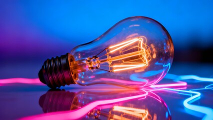 Creative technology background with glowing light bulb and neon streaks
