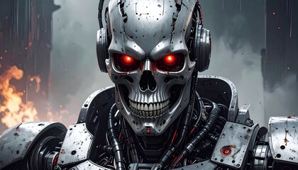 Fototapeta premium ritratto frontale in primo piano di un roboto dall'aspetto umanoide, fatto di metallo, con occhi rossi e uno sguardo minaccioso, con ambiente urbano distrutto sullo sfondo