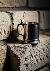 Silver beer mug with handle resting on weathered stone brick steps