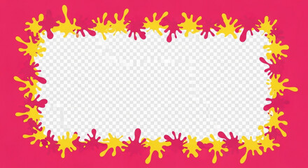 Obraz premium Vibrant pink background with yellow and red splatter border frame transparent checkered center for creative design use