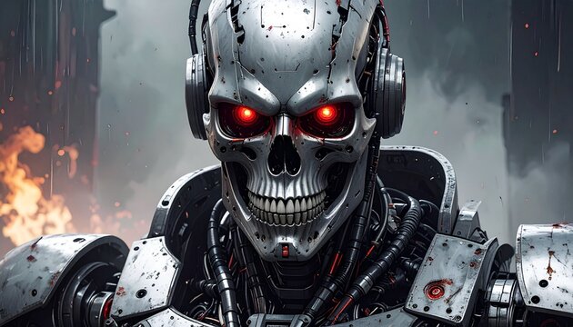 ritratto frontale in primo piano di un roboto dall'aspetto umanoide, fatto di metallo, con occhi rossi e uno sguardo minaccioso, con ambiente urbano distrutto sullo sfondo