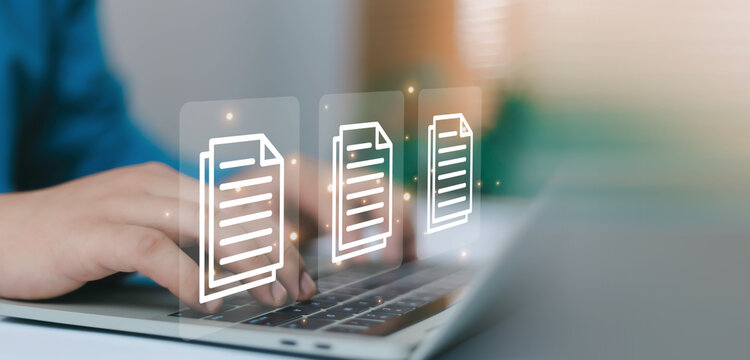 Business professional typing on laptop with digital document management interface, online file storage, data organization system, cloud technology, and paperless office workflow concept.