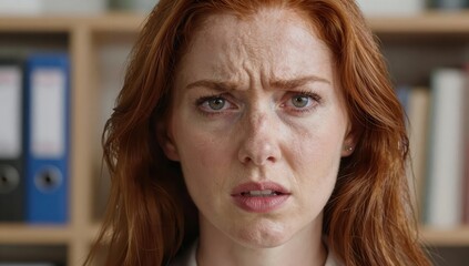 Young redheaded woman with long hair and freckles looking directly at the camera with a serious expression in an office setting