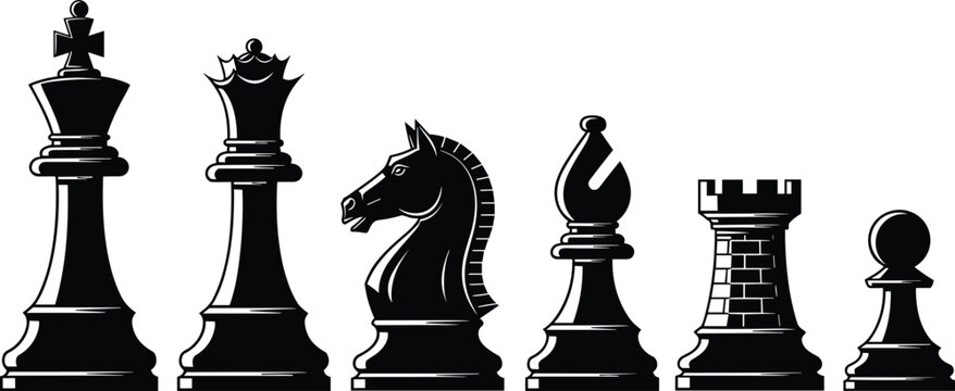 Chess Piece Silhouette Set Featuring King, Queen, Knight, Bishop, Rook, and Pawn Vector Icons for Strategic Game Design, Competition Posters, and Business Strategy Concept