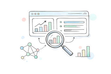 Analytics dashboard magnifying glass data chart bar chart growth chart web interface data visualization network nodes