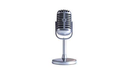 Classic chrome vintage microphone isolated on white background for studio broadcast, retro audio equipment for music, radio, and vocal recording on white background